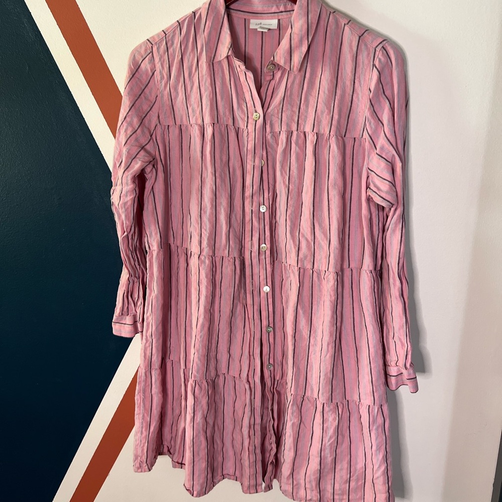 J. Jill Pink 100% Linen Striped Button-Up Tiered Dress